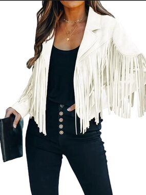 Chartou Womens Cropped Fringe Jacket Faux Suede Western Open Front Size XL White